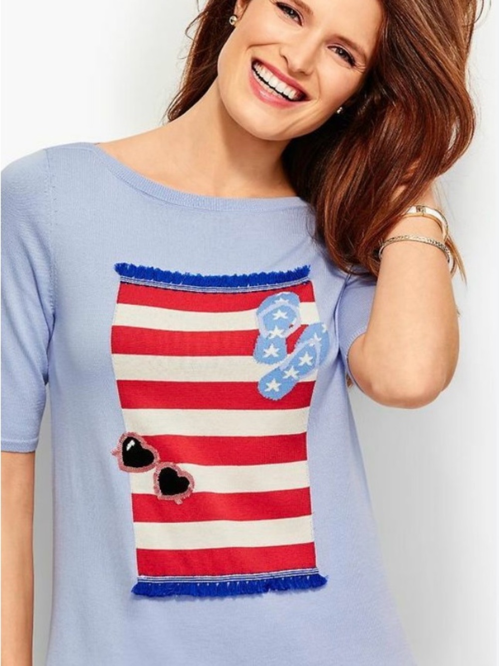 Talbots Light Blue Novelty Beach Stripe Knit Tee with Red, White & Blue Motif